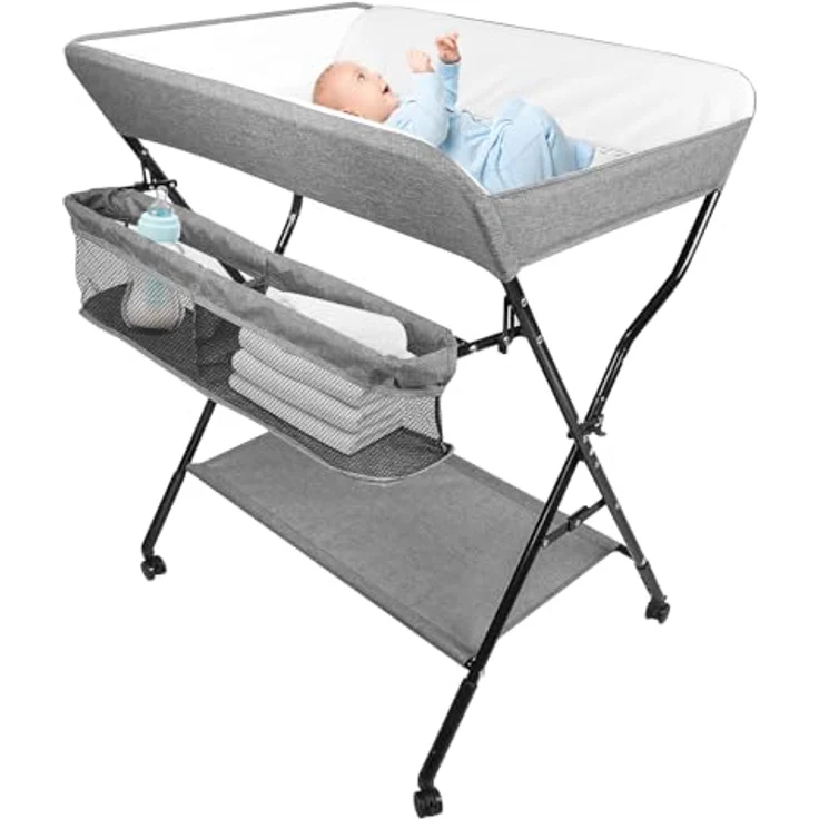 Wickelstation für Baby, Wickeltisch, faltbar, tragbar, Wickeltisch, faltbar, tragbar, mit Aufbewahrungskorb, maximale Belastung von 25 kg,86 x 62 x 96 cm (Grau) – Bild 2