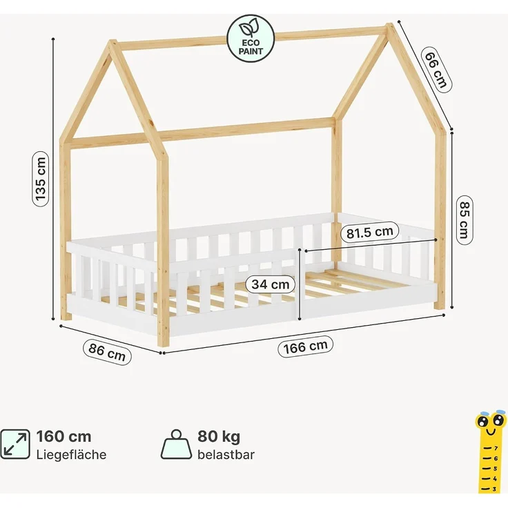 Hausbett Hesel mit Rausfallschutz 80x160 cm Weiß/Natur [en. casa] – Bild 2