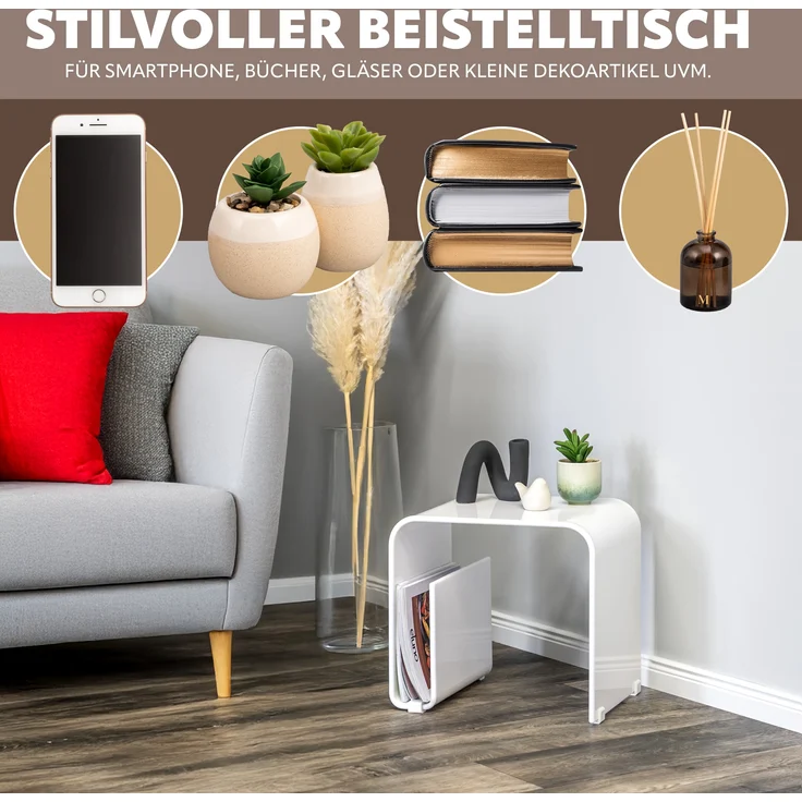 Acryl Beistelltisch mit Magazinhalter 2in1, weiß-glänzend – Bild 2