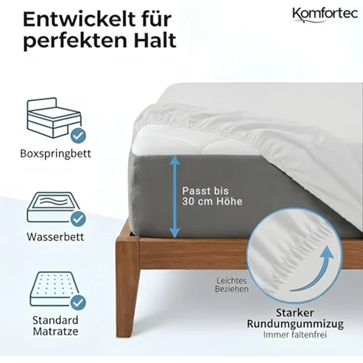 Komfortec Mikrofaser Spannbettlaken 200x200 cm – Weiches Spannbetttuch mit Rundumgummi – Fitted Sheet für Matratzen bis 30 cm – Weiß – Oeko-Tex – Pflegeleicht & Hautfreundlich – 90g/m² – Bild 3