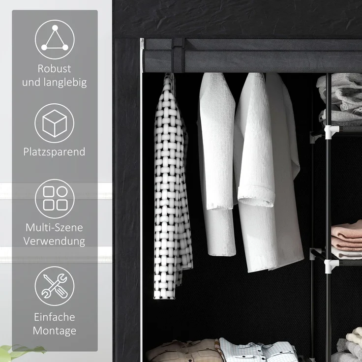 Stoffkleiderschrank 6 Fächer Vliesoptik Faltgarderobe Schwarz 103x43x162,5cm--Schwarz--103x43x162.5cm--YOUDENOVA – Bild 6