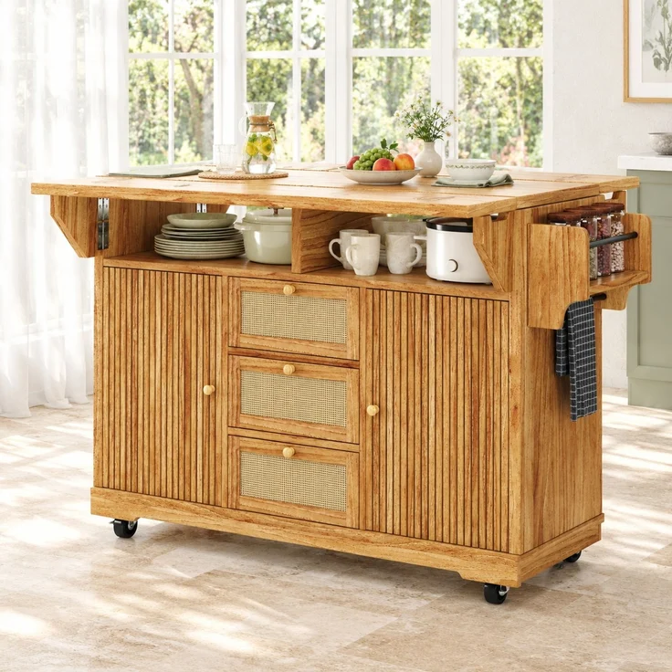 Küchenwagen mit klappbaren Seitenflächen, PE-Rattan-Schubladen, 142,5x80x95 cm, Dunkelbraun – Bild 1