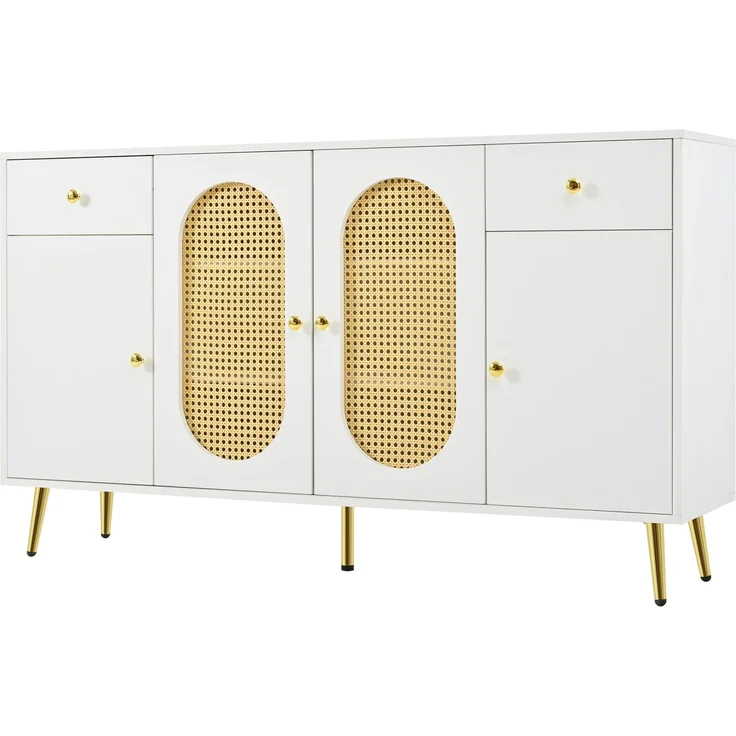 DESVIAE Sideboard mit 2 Schubladen und 4 Türen 140x82x35 cm Spanplatte Natur/Weiß – Bild 8