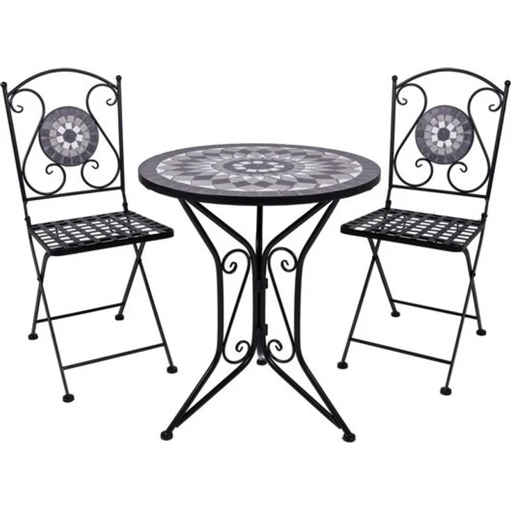 Balkonset JALUA 3-tlg Steingut Mosaik weiß grau Garten Sitzgruppe Outdoor Set – Bild 2
