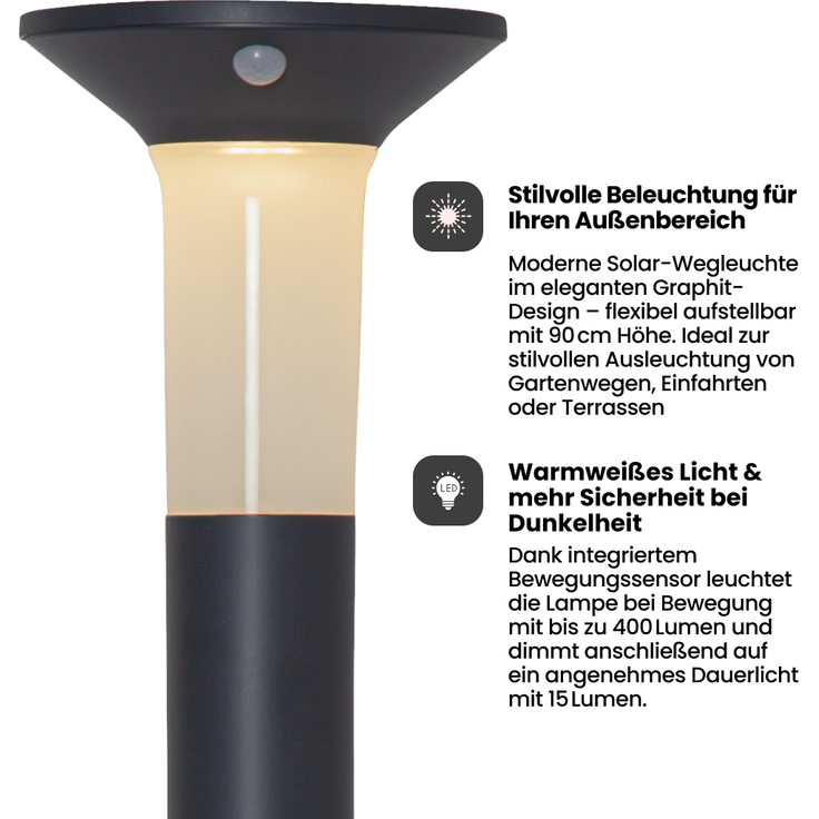 Star Solar LED Pollerleuchte Valta - Mit Bewegungsmelder & Dämmerungssensor- 400 Lumen Lichtstrom - Warmweiß - 90 cm Hoch - Graphit - Für den Außenbereich – Bild 2
