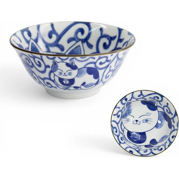 WestCraft Snackschale Japan Culture Katzen Schalen Kawaii Sleepy Blue Neko Cat 15x7cm Blau, Porzellan, (1-tlg), Ramen Reis Nudel Suppen Dessert Bowl, Kawaii Cat – Bild 2