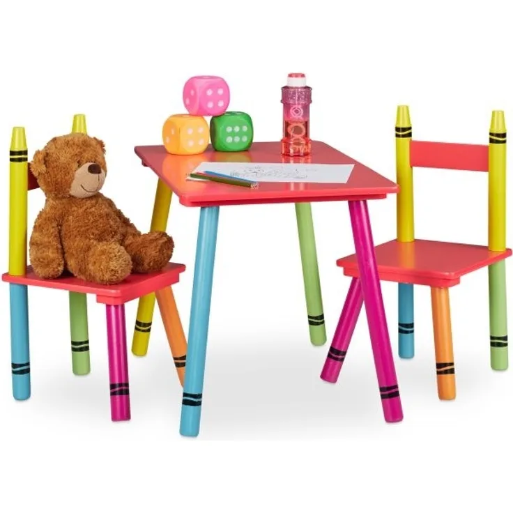 3-teilige Kindersitzgruppe,2 Stuhl und 1 Tisch, MDF / Kiefer bunt
