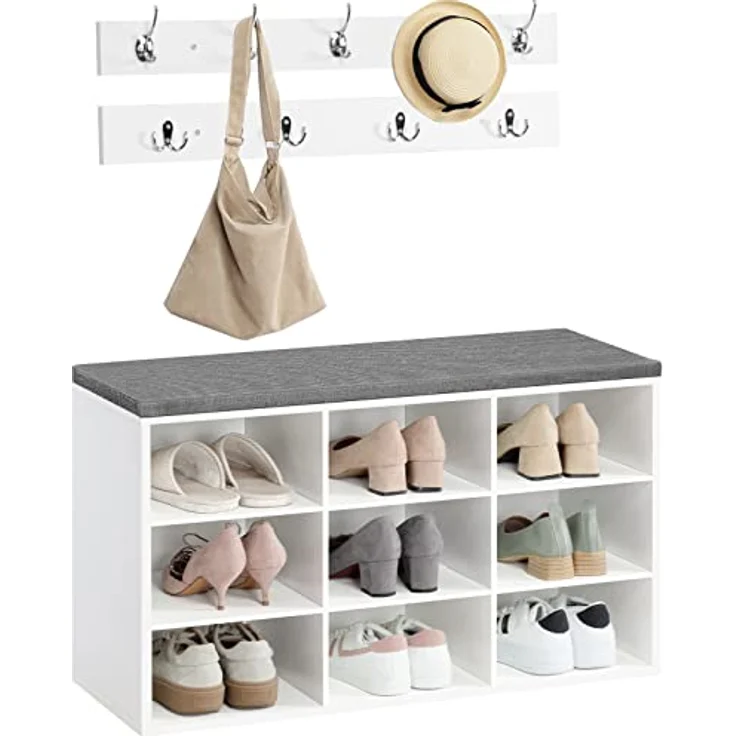 HOOBRO Garderobe Schuhregal Set, Schuhbank mit 9 F Cher, Schuhregal mit gepolsterter Sitzbank, Wandgarderobe mit 9 Haken, Schuhschrank f r Flur, Eingangsbereich, Schlafzimmer wei EWT89HX01 – Bild 9