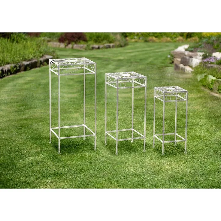 3 tlg. Hocker-Set Blumenhocker Gartendeko Metall rund Pflanzenständer antik weiß