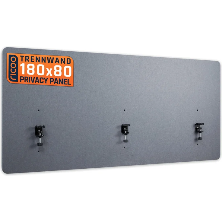 RICOO ZAP1880-G Akustik Trennwand Schreibtisch 180x80 cm Sichtschutz Schreibtisch Trennwand Filz Pinnwand Grau Geräuschdämmung Akustik Diffusor Schallschutz Büro Tischtrennwand mit Tischklemme