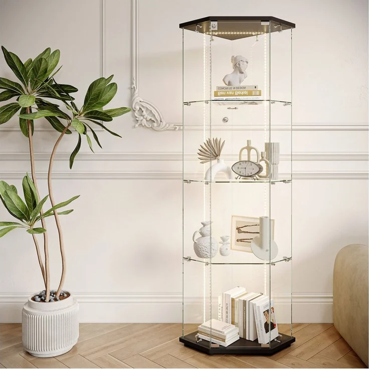 FUROKOY Glasvitrine Fünfeckige Standvitrinen (Schwarz 5 Lagen Sammlervitrine) Vitrinenschrank mit 1 Glastür für Sammler, Bücher, 162x60x42.5cm – Bild 5