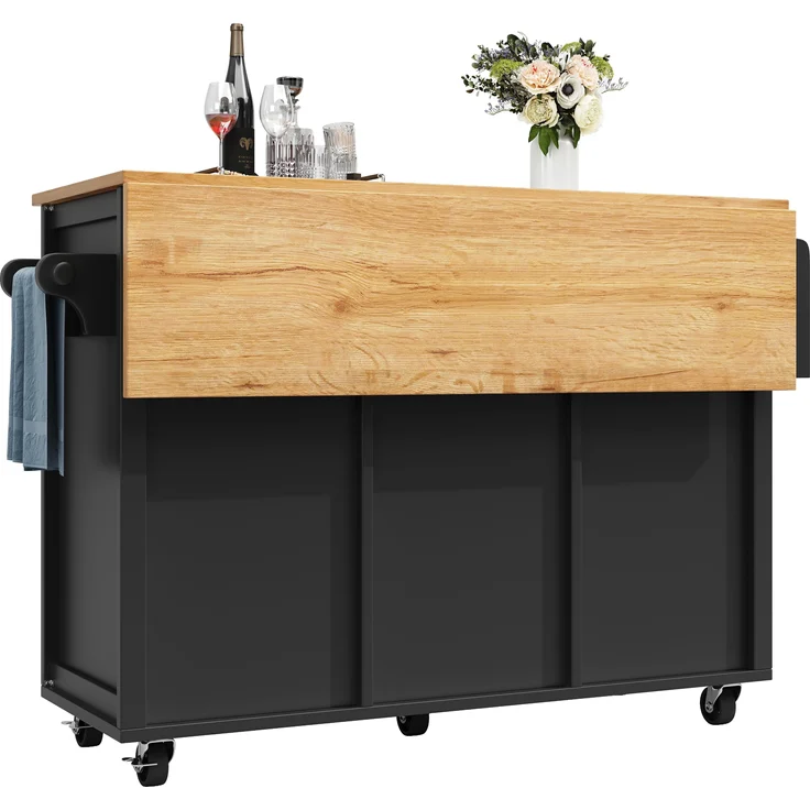 Kücheninsel mit Stauraum und klappbarer Arbeitsplatte, Küchenwagen mit Schubladen, Doppeltüren, Weinregal, Handtuch- & Gewürzhalter, 92.2cmx137.9cmx45-73cm, Schwarz – Bild 9