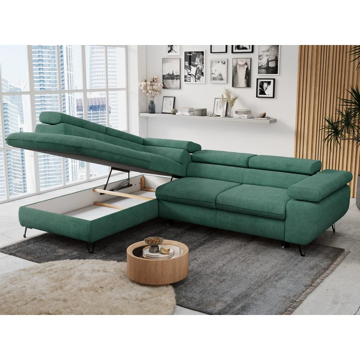 Mks Möbel 'Peter L-form' Ecksofa mit Bettfunktion, Bettkasten & einstellbaren Kopfstützen, Grün, Stoff, links – Bild 3