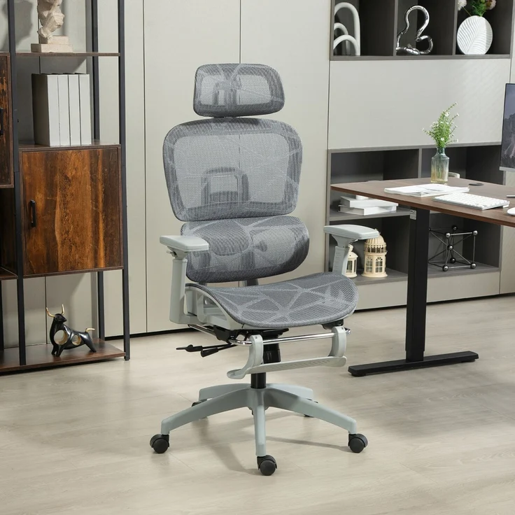MELAYR, Bürostuhl, Ergonomischer Schreibtischstuhl mit Netzstoffbezug, verstellbar, rollbar, 66 x 64 x 122 cm, Grau – Bild 3