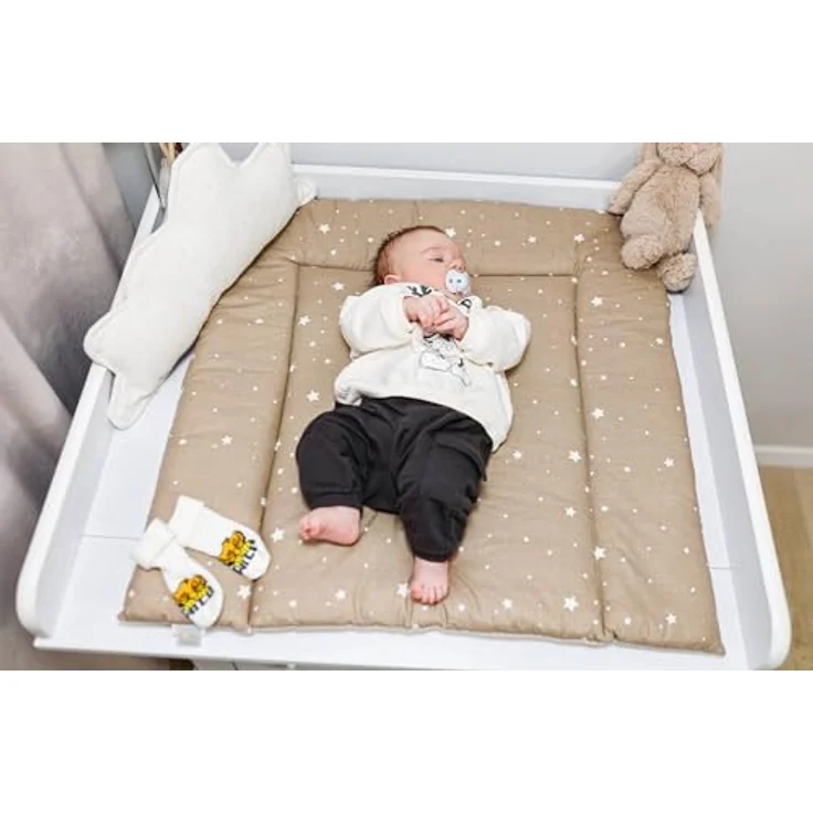 Wickelauflage Wickelunterlage aus Baumwolle 75x72 cm - Weich und waschbar Wickelunterlage für Babys Wickelmatte aus Stoff für Wickeltisch Wickelkommode oder Waschmaschine 75x72 Beige mit Weiß Sternen – Bild 7