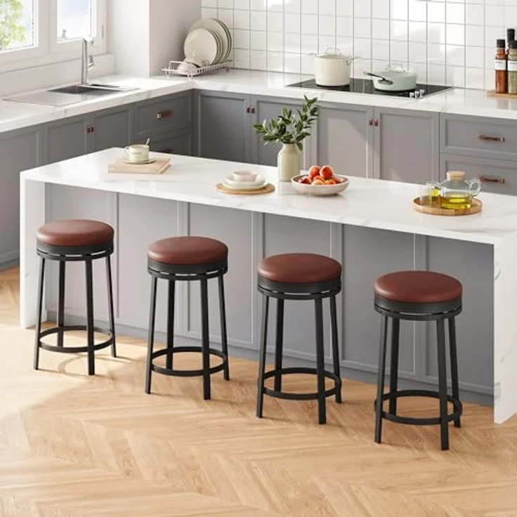 GarveeHome 360°Drehbar Runde Barhocker 2er Set, 62cm Hoch Barstühle mit Fußstütze, Küchenthekenhocker mit PU-Kunstleder und Metallrahmen, Hocker für Bartisch, Küchenstühle für Küche/Bar, Braun – Bild 4