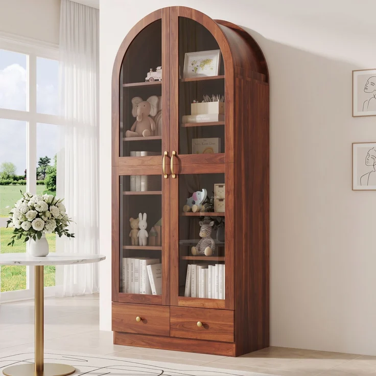 Vitrine 76 x 40 x 180 cm aus MDF und Glas, Nussbaum-Optik mit Bogenprofil – Bild 2