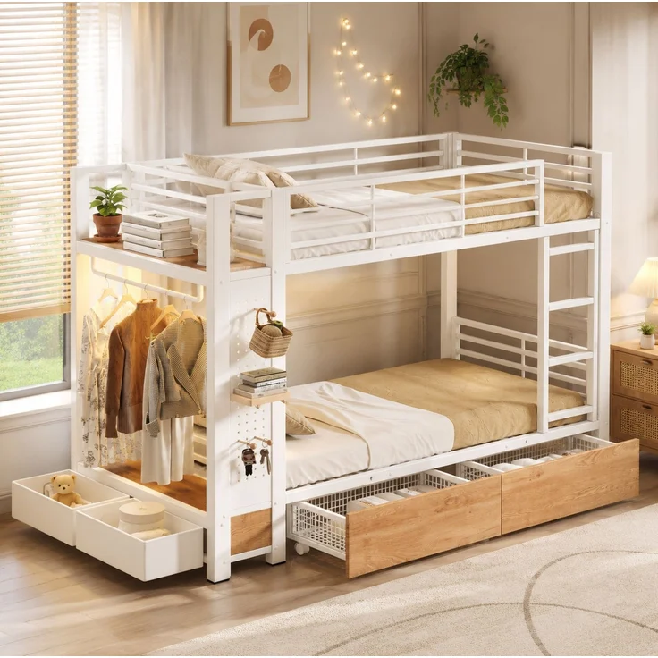 CHICFURN Etagenbett aus Metall und MDF Weiß 90x200 cm mit LED-Beleuchtung und Stauraum – Bild 2