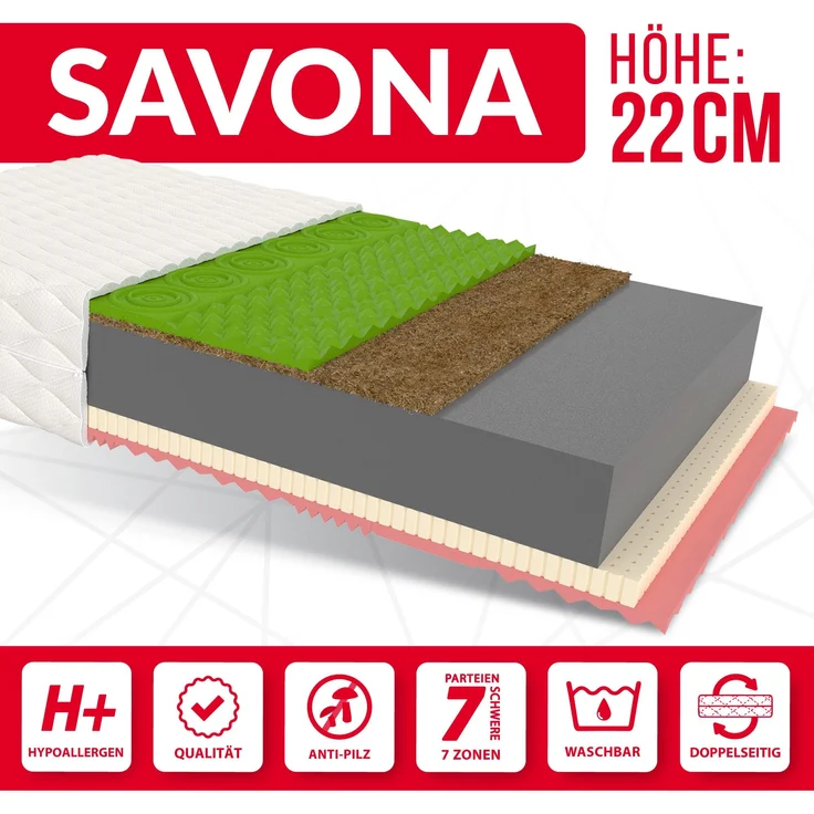 Matratze SAVONA 7 Zonen 90x200 H3/H4 22 cm Kokos Latex Visco profilierter HR Schaum JERSEY – Bild 2