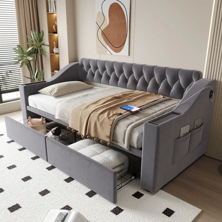 Polsterbett Schlafsofa Einzelbett, breite dicke Armlehnen USB-Ladeanschluss integrierte Ablage Ablagetaschen Aufbewahrungsschublade, Samtstoff, Dunkelgrau, 90 x 190 cm