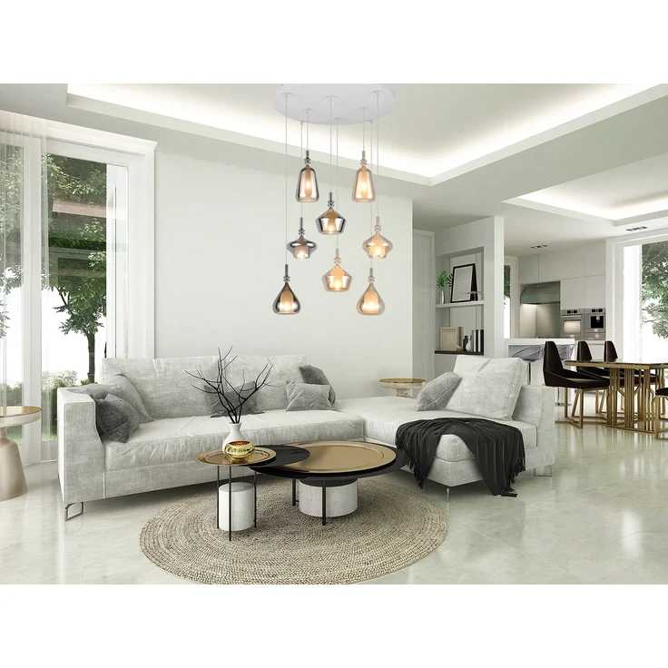 LED Cluster Pendelleuchte 8-flammig Glas Bernstein & Chrom verspiegelt, Ø 72cm – Bild 5