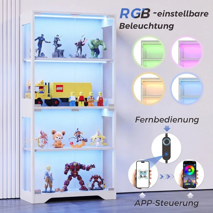 Furnicopia Glasvitrine mit RGB-LED-Beleuchtung Standvitrinen, vitrine Wohnzimmer (165*80*35 cm große multifunktionale Vitrine mit App-/manueller Beleuchtungssteuerung, vier Ebenen mit doppelten Türen und unabhängigen Glasvitrinen sowie einer Gesamtbela... – Bild 4