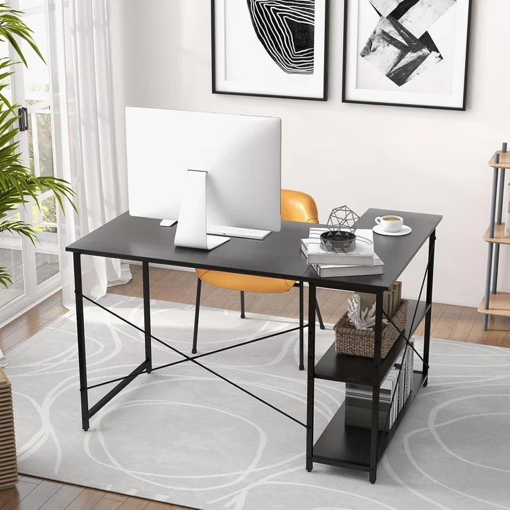 FANTASK Schreibtisch L-Form, Computertisch mit Regal rechts oder Links, Eckschreibtisch mit Ablagefächern, Ecktisch Bürotisch für Heimbüro, kleine Räume, 120 x 88 x 74,5 cm (Schwarz) – Bild 2