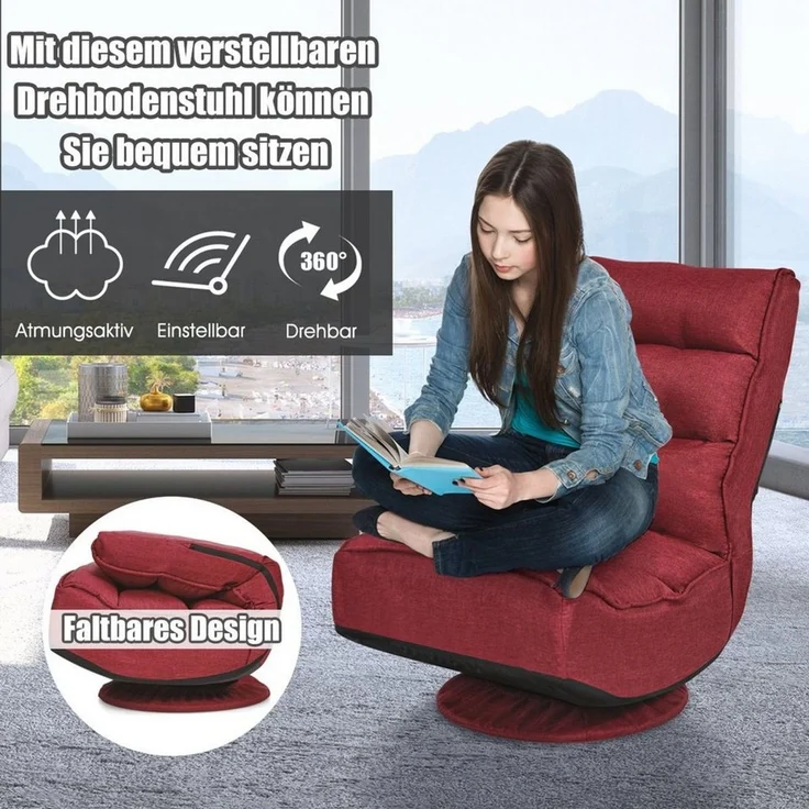 COSTWAY Bodenstuhl 360°drehbar Bodensessel mit 5-Fach Verstellbarer Rückenlehne Bodensofa 150kg belastbar Lazy Sofa Rot – Bild 3