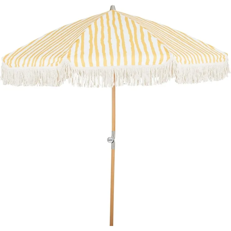 Sonnenschirm Gatsby von Brafab aus Polycotton und Buchenholz, rund, Gelb Weiß, klappbar mit Tragetasche