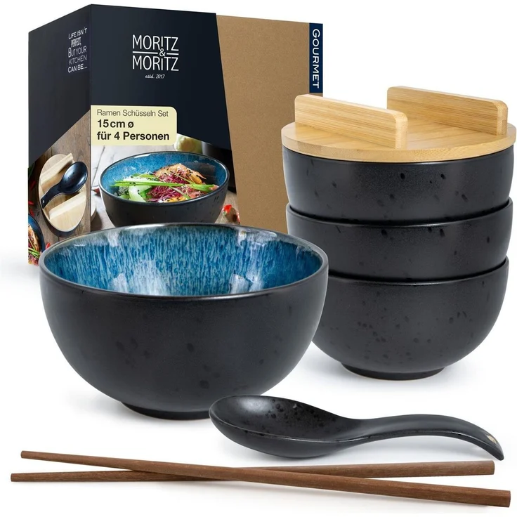 Moritz & Moritz Suppenschüssel Moritz & Moritz SOLID 4x Ramen Blau, Keramik, (4 Personen, 20-tlg), Ramen Bowl Set – Bild 1