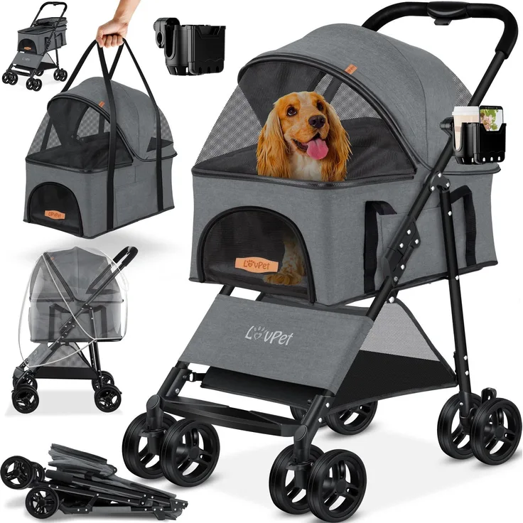 LOVPET® Hundewagen 2in1, Hundebox, Transporttasche, Faltbar, klappbar bis 20kg, mit Netzfenstern, Getränkehalter, Regenschutzabdeckung & Kuscheldecke, Anthrazit, 99,5 x 65 x 50,5 cm