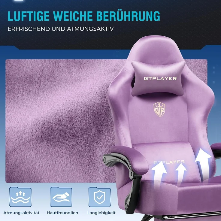 GTPLAYER Gaming Stuhl,Atmungsaktiver Bürostuhl,bürostuhl ergonomisch, Hochwertiger - Stoff,Ergonomischer PC Stuhl,160° Verstellbare Rückenlehne und ausziehbare Fußstütze,Tragkraft 180 kg,Dunkelviolett – Bild 5