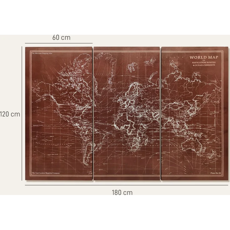 MELAYR, Handgefertigte Triptychon-Leinwandgemälde im Vintage-Stil, Weltkarte, 120 x 60 cm, 60 x 3,5 x 120 cm, Braun – Bild 5