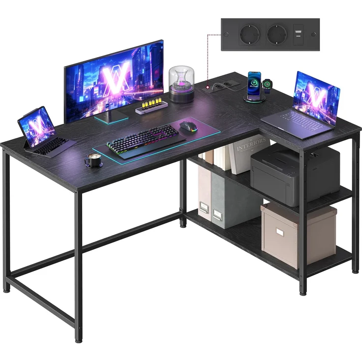 VASAGLE Eckschreibtisch in L-Form, Computertisch mit Stauraum, Bürotisch, höhenverstellbare Ablage, für Homeoffice, mit 2 AC-Steckdosen und 2 USB-Anschlüssen, 120x80 cm, ebenholzschwarz LWD132BE01 – Bild 1