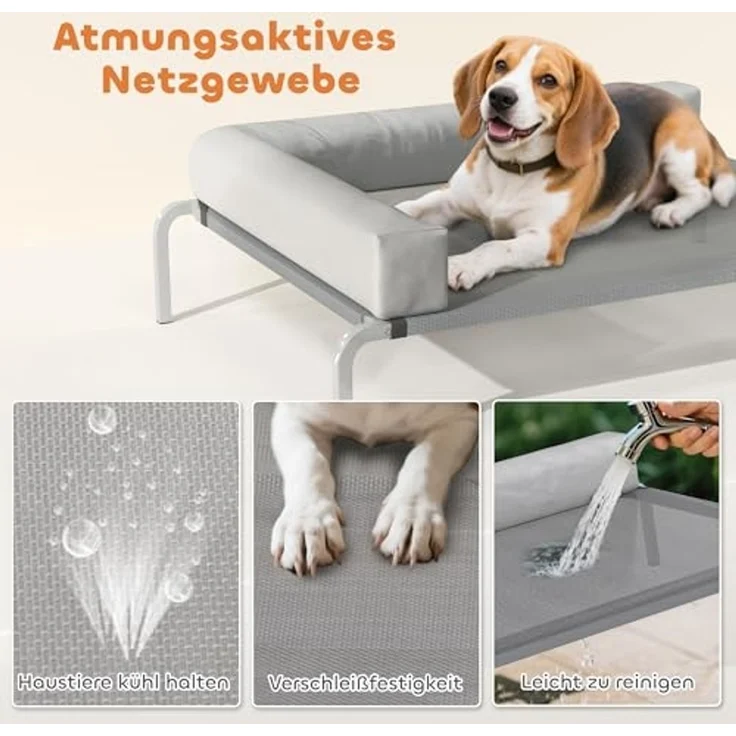 PawHut Tierbett mit L-förmige Kissen, rutschfesten Füßen, Polyester, für Mittelgroße Hunde, für Draußen Camping 110 x 75 x 30 cm, Hellgrau – Bild 5