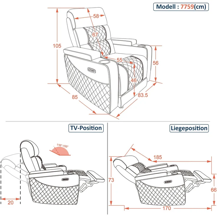 M MCombo Fernsehsessel Elektrisch Verstellbar, Zero-Gravity-Kinosessel mit Armlehnenstauraum & LED, Verstellbare Kopfstütze, Sessel mit schlaffunktion, 35D Vollschaum-Sitzkissen 7759 (Schwarz) – Bild 3