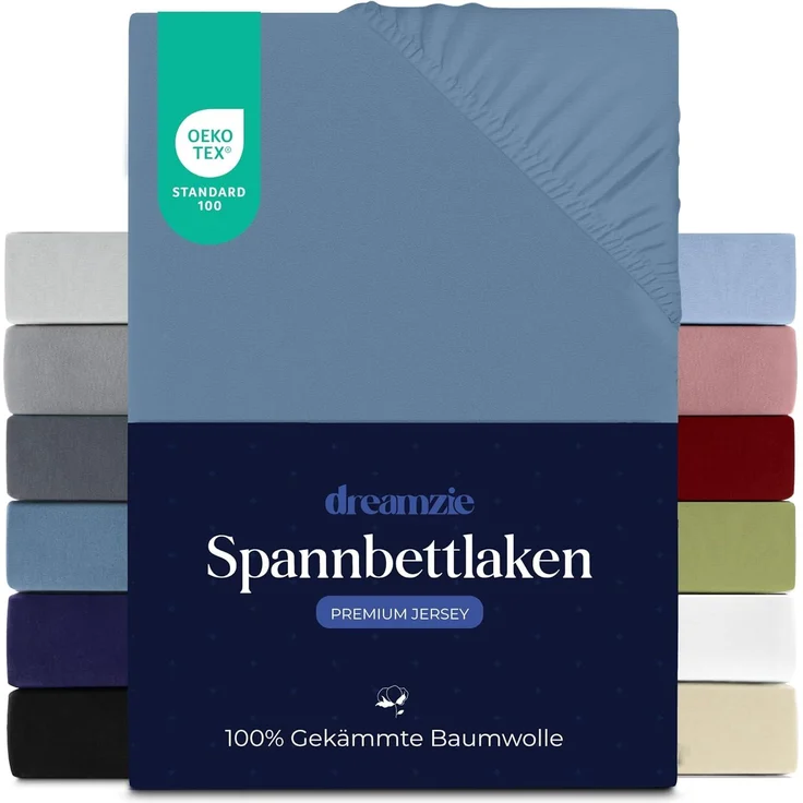 Dreamzie Premium Spannbettlaken 90x200 cm, Spannbetttuch für Dicke Matratzen bis zu 22 cm, Bettlaken 100% Jersey Baumwolle, 150 g/m², Oeko-TEX Zertifiziert - Blau