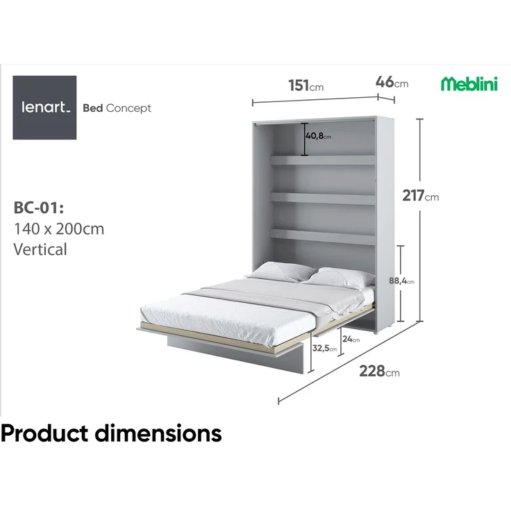 MEBLINI Schrankbett Bed Concept - BC-01 - 140x200cm Vertikal - Grau Matt mit Matratze - Wandbett mit Lattenrost - Klappbett mit Schrank - Wandklappbett - Murphy Bed - Bettschrank – Bild 7