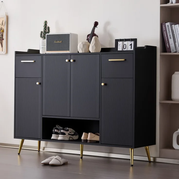 Merax Schuhschrank, Schuhregal mit 2 Schubladen und 4 Türen, Metallfüße, Maße: B130/W37/H100, schwarz
