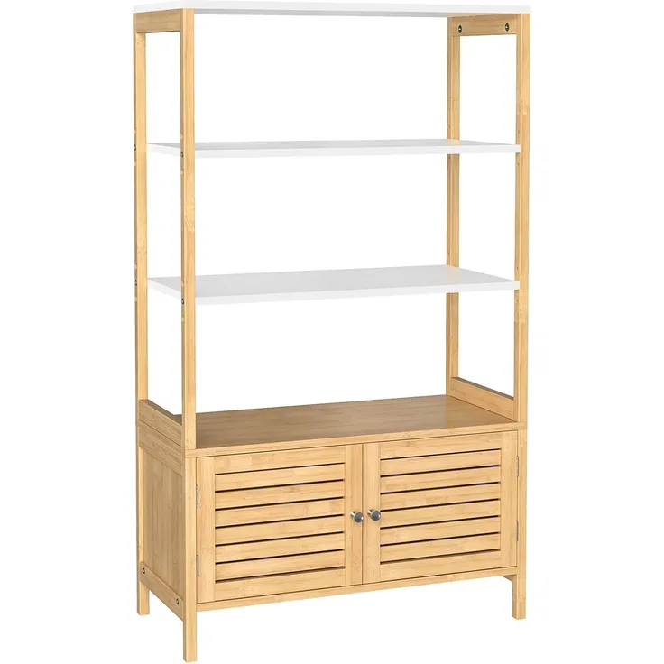 Songmics 'BCB010N01' Badezimmerschrank mit 3 offenen Fächern und 2 Türen, Bambus, naturfarben-weiß, 70 x 30 x 120 cm