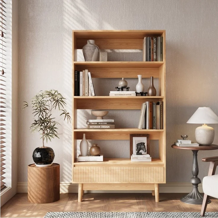 VOWNER Bücherregal mit Schublade, offenes Standregal, modernes Holzregal, 1-tlg, vielseitiges Aufbewahrungsregal, 3 Ebenen, Maße 80x120x30 cm – Bild 3