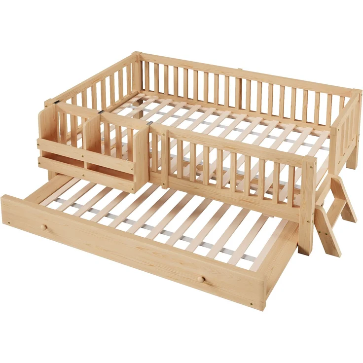 ZUBALIYA Holzbett 90 x 200 cm – Ausziehbett, flexible Montage, Geländer, MDF, Kiefer, Holzfarbe – Bild 14