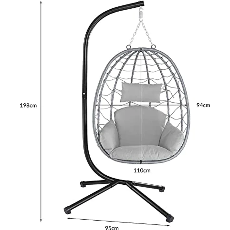 BAKAJI Hängesessel für den Garten, Schaukelstuhl, Hängematte für den Außenbereich, Gestell aus Metall, Nest aus Rattan und Seil + gepolstertes Sitzkissen und Kopfstütze, 198 x 110 x 95 cm (Grau) – Bild 9