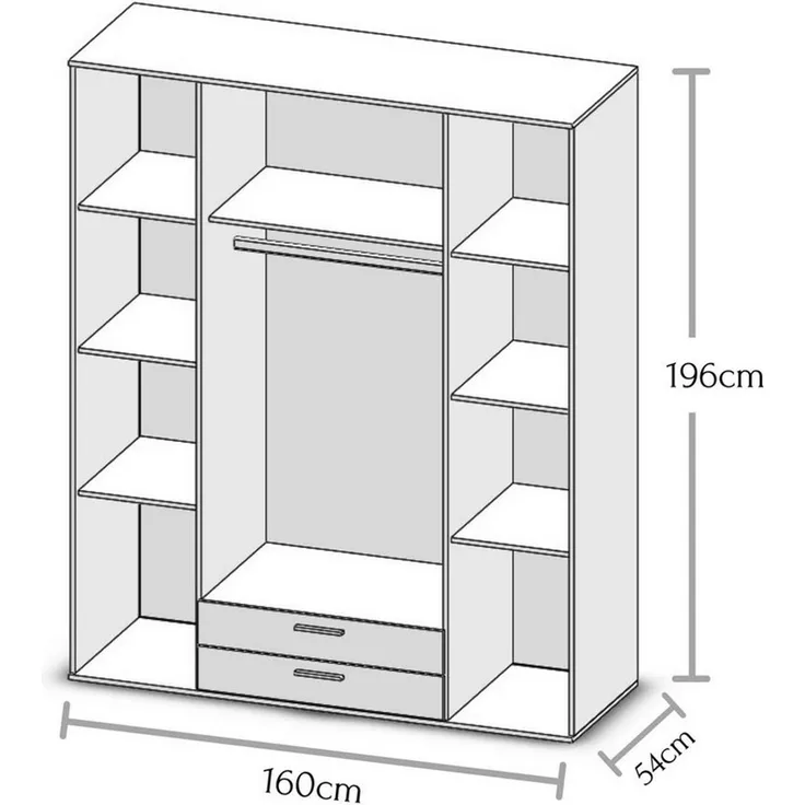 'Karl' Kleiderschrank 4-türig mit Spiegel, weiß, 160 x 196 x 54 cm (B/H/T)