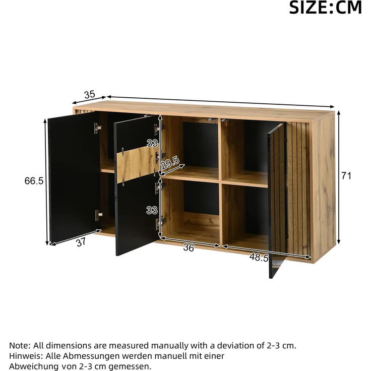 ZUBALIYA Sideboard 140x35x71 cm, mit 3 Türen, aus MDF / Spanplatte, Schwarz / Natur – Bild 4