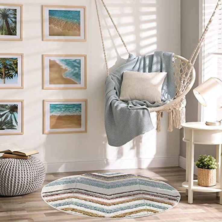 Teppich Rund - Hochflor - 120x120cm - Boho - Geometrisch Zick Zack - Muster -Pastellfarben Multi - Skandinavisch Flauschig Weich - Wohnteppich Schlafzimmer Dekoration – Bild 3