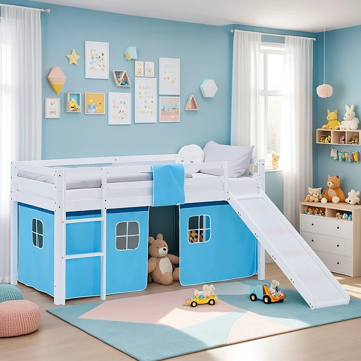 Hochbett Kinder 90x200 cm mit Rutsche Kinderbett Kinderhochbett Stockbett Vorhang Blau Leiter Holz Massiv – Bild 2