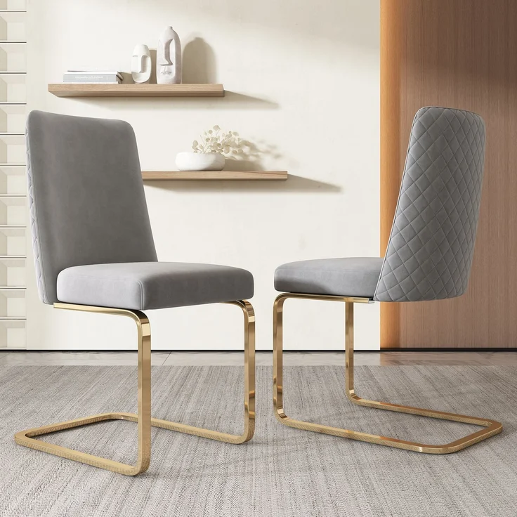 Esszimmerstuhl Samt Grau 2er Set mit Rauten Design Rückenlehne,Polsterstuhl ergonomisch gepolstert mit Metallbeinen, Loungesessel stilvoll weich – Bild 4
