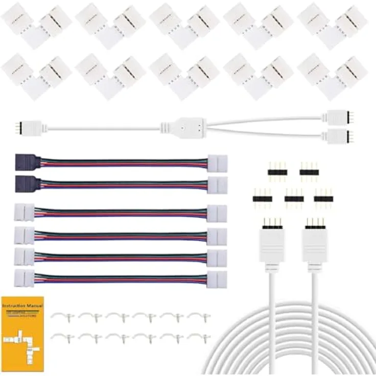 REDTRON LED Strip Verbinder, 10mm 4-Pin RGB 5050 Verlängerungs- und Eckverbinder mit Befestigungsclips, flexibel und ohne Löten
