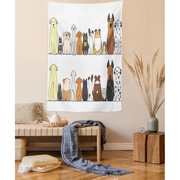 ABAKUHAUS Hund Wandteppich und Tagesdecke, Dog Family in a Row, aus Weiches Mikrofaser Stoff Wand Dekoration Für Schlafzimmer, 110x150 cm, Gelb Braun
